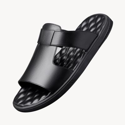 China Fashion Trend Lightweight Vegan Leather Cut Open Toe Flat Anti Skid Slide Slipper Outdoor For Men for sale