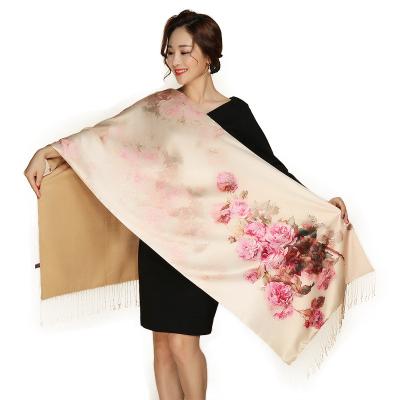 China Luxury Shawl With Lucky Item Chinese Double-Layer Hijab Cheongsam Fall And Winter Long Brushed Silk Scarf Printed Custom Made Real for sale