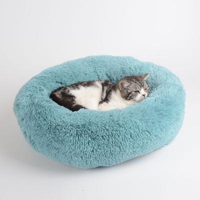 China Soft Cozy Breathable Playable Round Fluffy Woolly Dog Cat Bed For Sleeping Rest Wool Faux Fur Plush Donut for sale