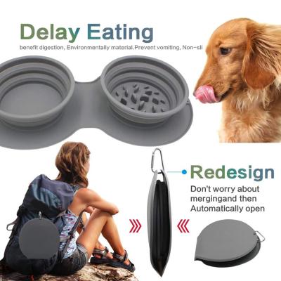 China BPA Free Expandable Collapsible Double Pet Sustainably Silicone Slower Feeder Bowl With No Spill Skid Mat for sale