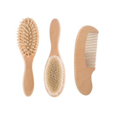 China Cushion Amazon Hot Selling 100% Natural Soft Goat Stiffeners Wooden Baby Brush Comb Set for sale