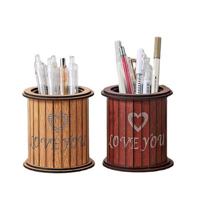 China New Design Eco-friendly Creative Round Desktop Stationery Storage Box Wooden Student Pen Holder for sale