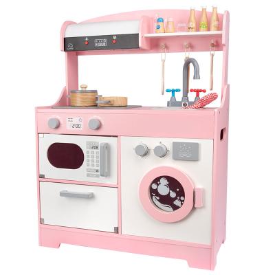 China Eco-Friendly Role Playing Children Learning Diy Wooden Kitchen Set Deluxe Toy Kitchen Playset With Range Hood for sale