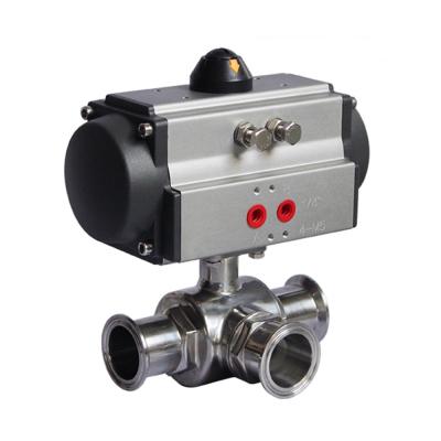 China General 1 Inch 3 Way Tri Flange Sanitary 304 Stainless Steel Food Grade Pneumatic Operated Ball Valve for sale