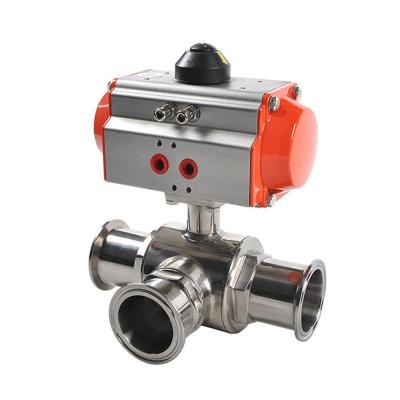 China General Covna 3 Way Tri Flange Sanitary Stainless Steel 304 Food Grade Pneumatic Operated Ball Valve for sale