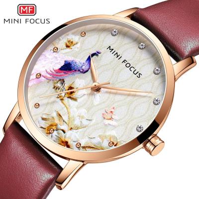 China Mini Focus MF0330L Ladies Fashion Water Resistant Quartz Watch Elegant Flower Dial Leather Wristwatches For Female for sale