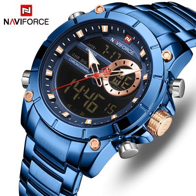 China NAVIFORCE NF9163 Automatic Date Gold Watch Luxury Men Big Charm Stainless Steel Watchbands Double Straps Display Quartz Digital Watches For Men for sale