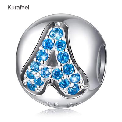 China METALS A-Z Letter Charm Round Custom Cut Bead 925 Sterling Silver Blue Cubic Zirconia Beaded Accessories for sale