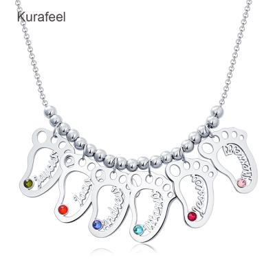 China High Quality Customized Fashion Mini Foot Shaped Sterling Silver Family Name Pendant Necklace Family Birthstone 1-6 Name Necklace for sale