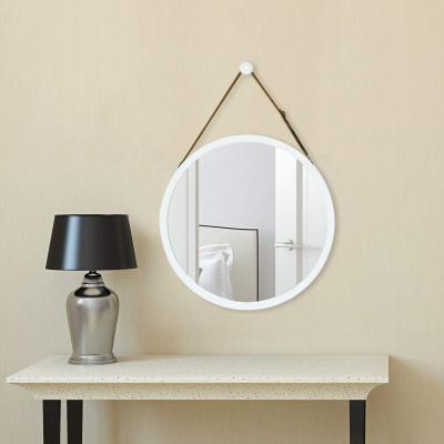 China Minimalist Small Round Wooden Wall Hanging Mirror with Adjustable Faux Leather Strap for sale