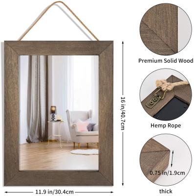 China Rustic Minimalist Farmhouse Decor Wooden Framed Wall Mirror with Rope Cocking for sale