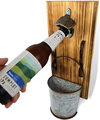 China Sustainable Rustic Wooden Plate Beer Opener Vintage Wooden Bottle Opener With Catcher for sale