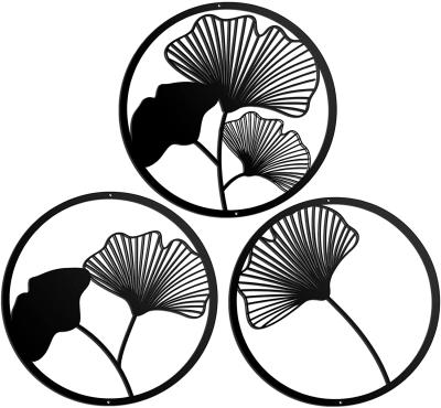 China Minimalist 3 Pieces Round Ginkgo Biloba Carving Leaf Metal Wall Sculptural Wall Decor for sale