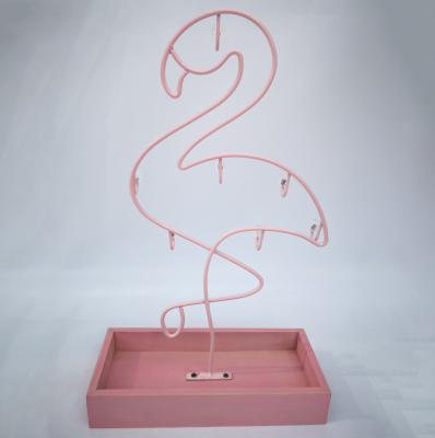 China Pink Wooden Flamingo Shape Storage Necklaces Bracelets Metal Earring Jewelry Holder for sale