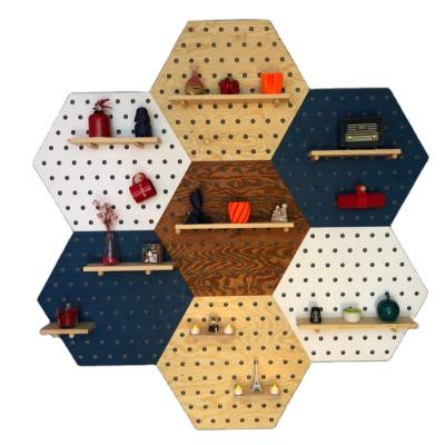 China Europe Christmas Decor Modern Wooden Wall Shelf Hexagon Kitchen Pegboard for sale