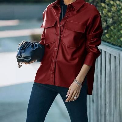 China Workable Slim Fit Cropped Cardigan Woman PU Leather Shirts for sale