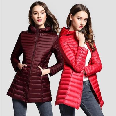 China Wholesale hooded varsity jacket stripper coat light weight long down jacket women outwear for winter 2021 for sale