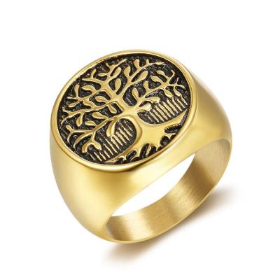 China Trendy custom gold plated vintage anillos de oro stainless steel tree of life ring for men for sale