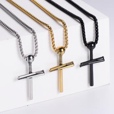 China Vintage Collar De Oro 18k Gold Plated Stainless Steel Baseball Bat Cross Necklace Man for sale