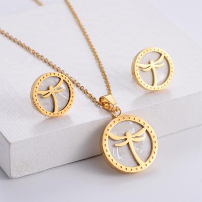 China TRENDY AMI shell inlay dragonfly necklace with earrings wedding fasion jewelry women jewelry set for sale