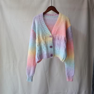 China 2021 Viable Cropped Knitwear Autumn Winter Women Gradient Knitted V-Neck Rainbow Cardigan Sweater Tops For Ladies for sale