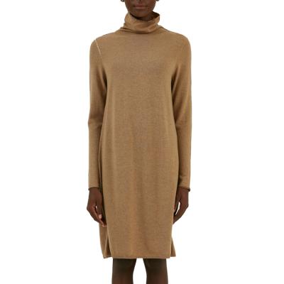 China 2021 Winter 100% Cashmere Women's Long Sleeve Sheer Single Side High Neck Hand Stitch Design Knitted Dress for sale