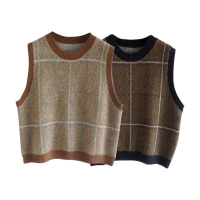 China More Contrast Jacquard Plaid V-Neck Mohair Blend Wool Blend Mohair Wool Waist Sweater Sleeveless Vest For Women for sale