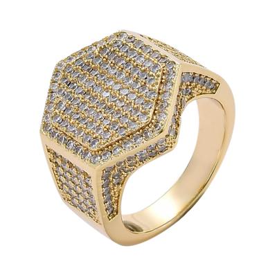 China Hiphop Hip Hop Iced Out Hexagon Shape Ring Gold Plated Finger Ring For Mens Rapper Jewelry for sale