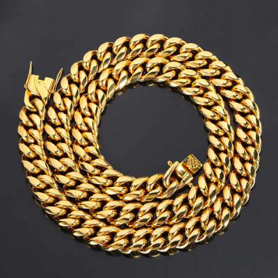 China Hip Hop Diamond Cuban Link Chain Necklace 18k Gold Miami Chain Necklace Hip Hop Stainless Steel Cuban Jewelry for sale