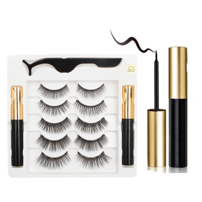 China Wholesale Natural Long Magnetic 3d Eyelashes With Eyeliner Kit, 5 Pairs 5 3d Magnets Faux Mink Lashes, 2 Tubes Eyeliner And 1 Tweezers for sale