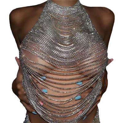 China FASHIONABLE hot sale sexy shiny jewelry Crystal Tassel Breast Body Chain rhinestone ladies multi-layer top nightclub chain bra for sale