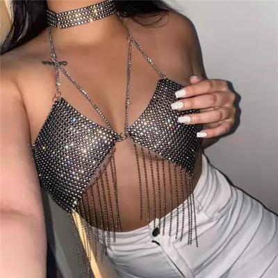 China FASHIONABLE hot sale metal chain tassel sequin camisole halter cropped tank tops holiday club outfits for sexy women for sale