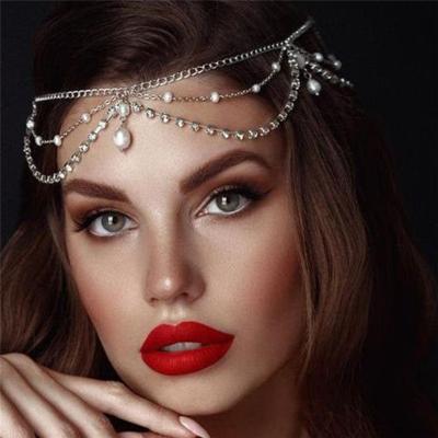 China Headpiece Stretching Headband Crystal Bridal Hair Accessories Bridal Pearl Drop Forehead Chain Rhinestone Wedding Headband for sale