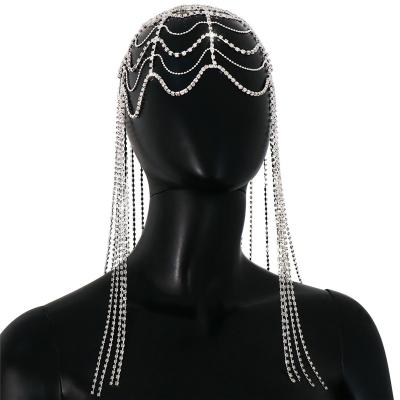 China Rhinestone Wedding Romance Luxury Mesh Cap Hair Headpiece Long Headpiece Jewelry Gift Hairband Chain Tassel Drop Accessories for sale