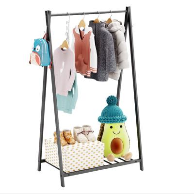 China Commercial Wholesale Eco-friendly Material 2 Tiers Steel Suits Clothes Hanging Rack Kids Garment Rack With Storage Shelf for sale