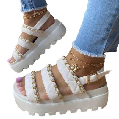 China Fashion Trend Summer Shoes Woman Flat Platform Sandals With Chain Women Soft Leather Trim Open Toe Wedges Women Casual Shoes for sale