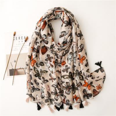 China Wholesale Popular Elegant Silver Women's Tassel Butterfly Print Shawl Ladies Cotton Viscous Scarf for sale