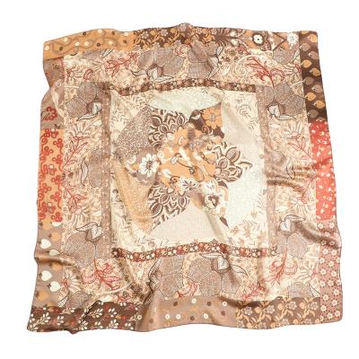 China 2021 Wholesale Luxury Flower Printed Silk Muslim Square Scarf Imitated Silk Bandana 90x90cm Fashion Women Neck Scarf for sale