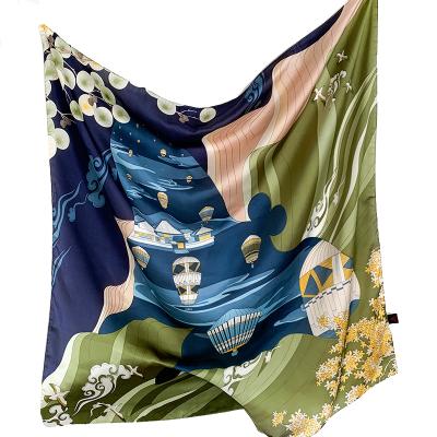 China 2020 New Design Wholesale Silk Satin Square Scarves 90x90cm Beautiful Landscape Printed Silk Square Scarf for sale