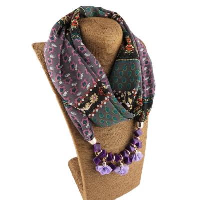 China Wholesale 2019 Newest Fashion Chiffon Scarf Bohemian Style Chiffon Ethnic Print Beaded Women's Necklace Jewelry Pendant Scarf for sale