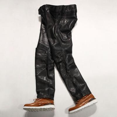 China the first Anti-wrinkle layer factory tanned cowhide male pants manufacturer for motorcycle leather pants riding elastic leather the top for sale