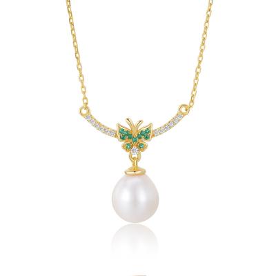 China YBO FASHIONABLE Fine Jewelry Natural Freshwater Pearl 9+ 18K Gold Plated Butterfly Pendants 925 Sterling Silver Necklaces Women for sale