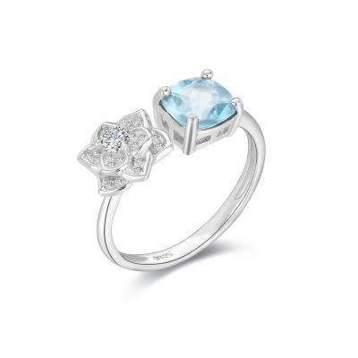 China Luxury FASHIONABLE Topaz Rings Jewelry Women Blue YBO 925 Sterling Silver Flower Ring Natural Opening Cushion for sale