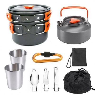 China Gas Cooker Picnic Cookware 2 or 3 Person Cooking Pot Teapot Set Aluminum Outdoor Traveling Camping Raising BBQ Pot for sale