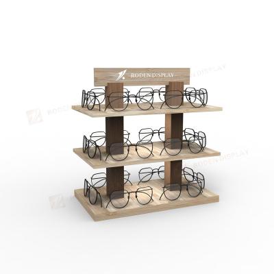 China Trendy Eco Nature Wood Optical Frame Display Stand Sunglass Holder 3 Layers Eyewear Display OEM Accepted for sale