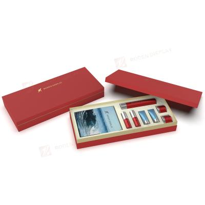 China Recycled Materials Festival Gift Box Red Print Cosmetics Cardboard Box Striped Paper Skin Care Packaging Case for sale