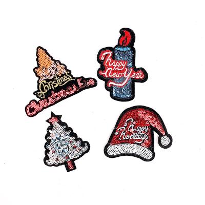 China Handmade Christmas Tree Hat Candle Sequin Patches Custom Iron On Patch Little Christmas Patch for sale