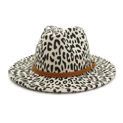 China Image Wide Brim Leopard Felt Buckle Fedora Hat Men Women Belt Panama Jazz Hat Trilby Hat With Leather Band for sale