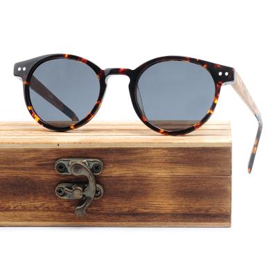 China New Fashion Sunglasses High Quality Round Frame Acetate Wooden Temple Sunglasses for sale