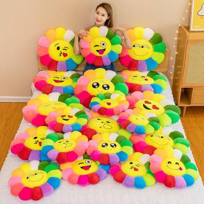 China Kids Toy Gift In Stock Kawaii Soft Sun Flowers Mat Sofa Plant Cushion Juguetes Toy Expression Colorful Plush Rainbow Sunflower Pillow for sale